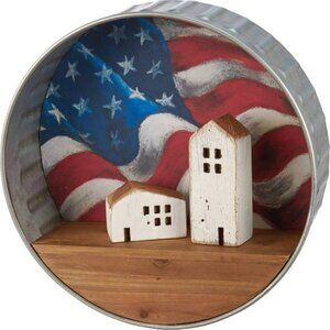 Small American Flag round wall shelf in galvanized metal